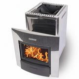 Harvia PRO 36 DUO wood-burning sauna stove shown at an angle in studio light
