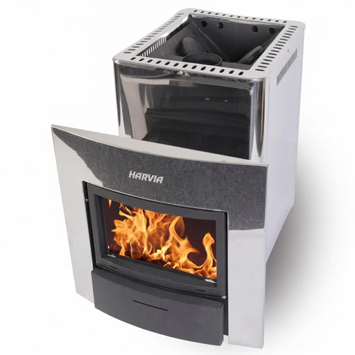 Harvia PRO 36 DUO wood-burning sauna stove shown at an angle in studio light