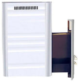 Harvia PRO 36 DUO wood sauna stove studio detail showing its cast firebox