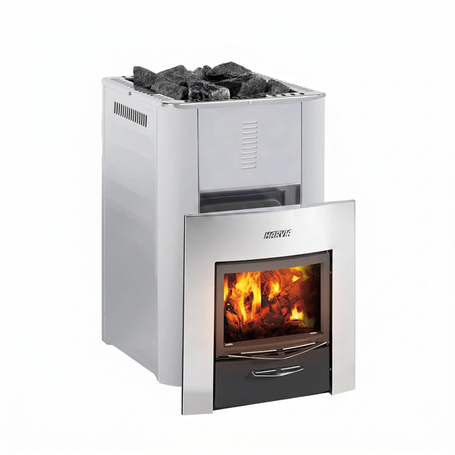 Harvia PRO 36 DUO 31kW wood-burning sauna stove, studio front view on white