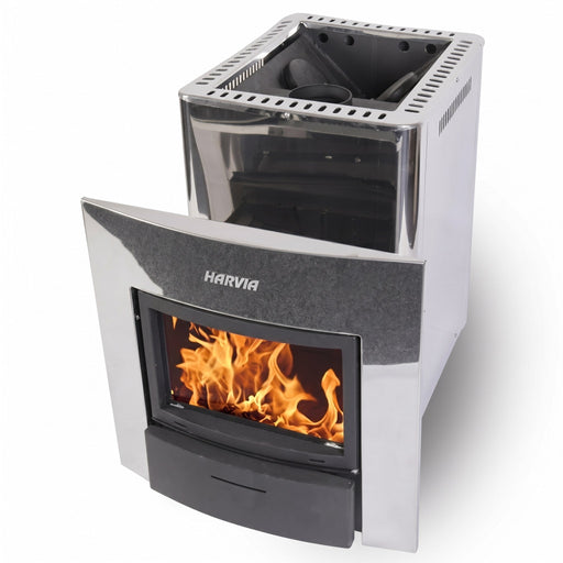 Harvia PRO DUO wood sauna stove angled view with flames behind the glass door