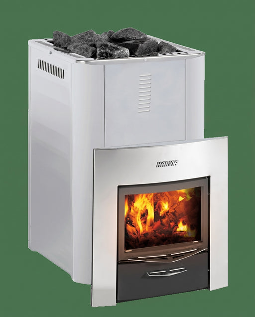 Harvia PRO DUO wood sauna stove front view with burning fire and top stones