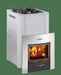 Harvia PRO DUO wood sauna stove front view with burning fire and top stones