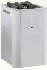 Harvia PRO DUO wood sauna stove front view topped with grey sauna stones
