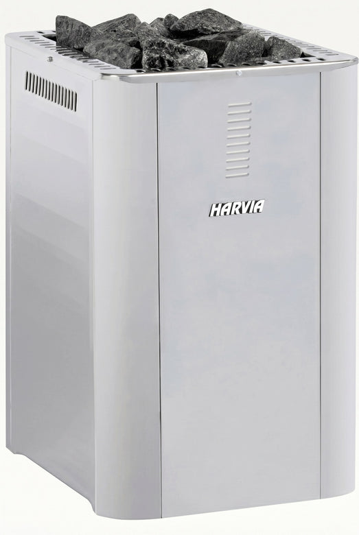 Harvia PRO DUO wood sauna stove front view topped with grey sauna stones