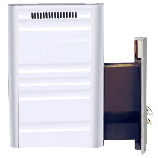 Harvia PRO DUO wood sauna stove side view showing the wall pass-through firebox