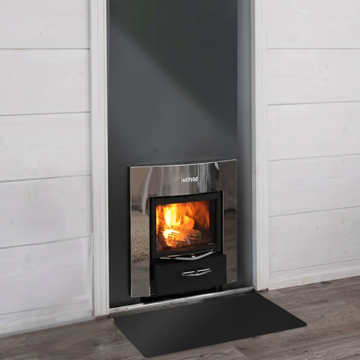 Harvia PRO DUO wood sauna stove wall-mounted with fire glowing through door