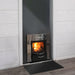 Harvia PRO DUO wood sauna stove wall-mounted with fire glowing through door