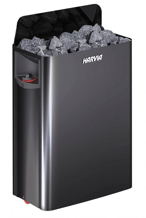 Harvia The Wall electric sauna heater in black stainless steel, studio front view
