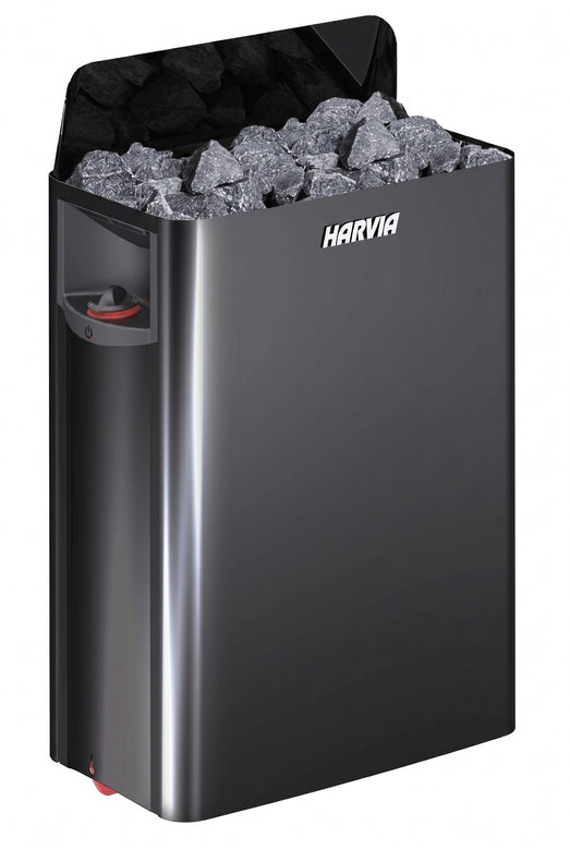 Harvia The Wall electric sauna heater in black stainless steel, studio front view