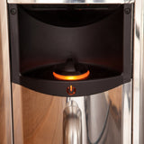 Close-up of the glowing orange power button on the Harvia The Wall heater