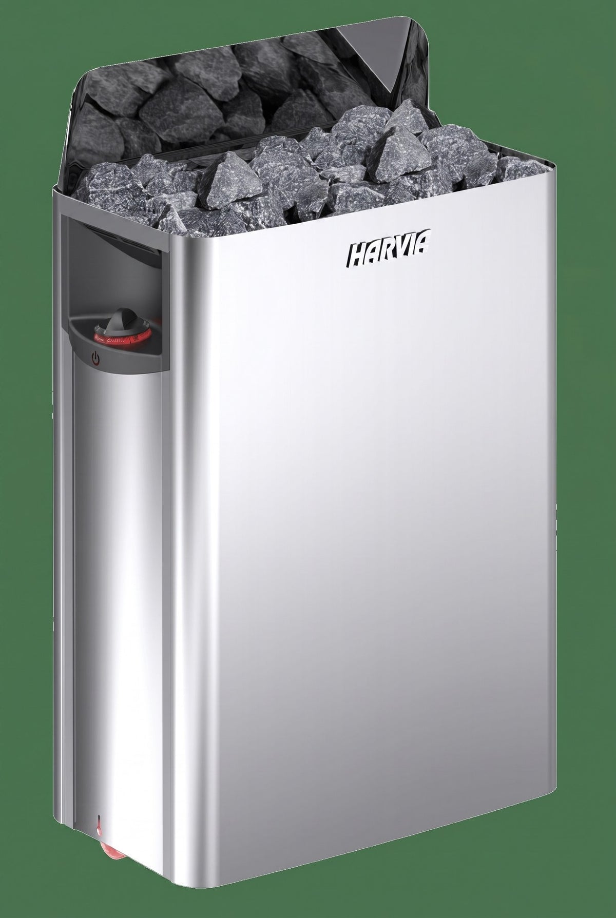 Harvia The Wall electric sauna heater in polished stainless steel, studio front view