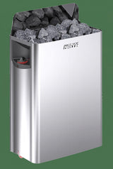 Harvia The Wall electric sauna heater in polished stainless steel, studio front view