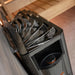 Top view of the Harvia The Wall heater showing stones and the built-in control