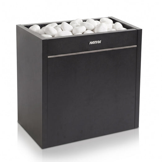 Angled view of the Harvia Virta Pro 16kW sauna heater topped with white stones
