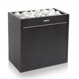 Angled view of the Harvia Virta Pro 20kW sauna heater topped with white stones