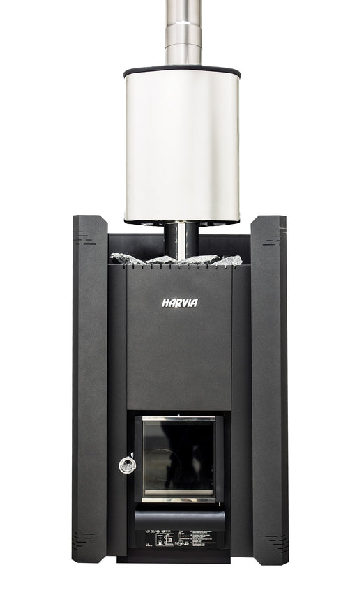 Harvia Linear 22 wood-burning stove inside a WL575 protective sheath, with a Harvia Thermio water heater (not included) on its smoke pipe