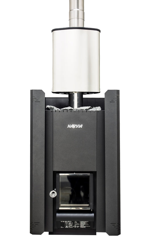 Harvia Linear 22 wood-burning stove inside a WL575 protective sheath, with a Harvia Thermio water heater (not included) on its smoke pipe