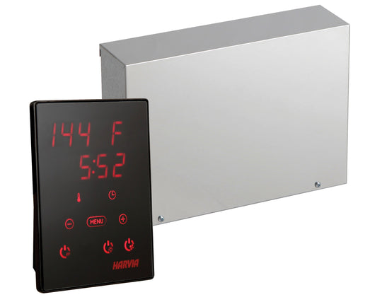 Harvia Xenio control panel with heater, light and fan buttons, in front of a Xenio power unit
