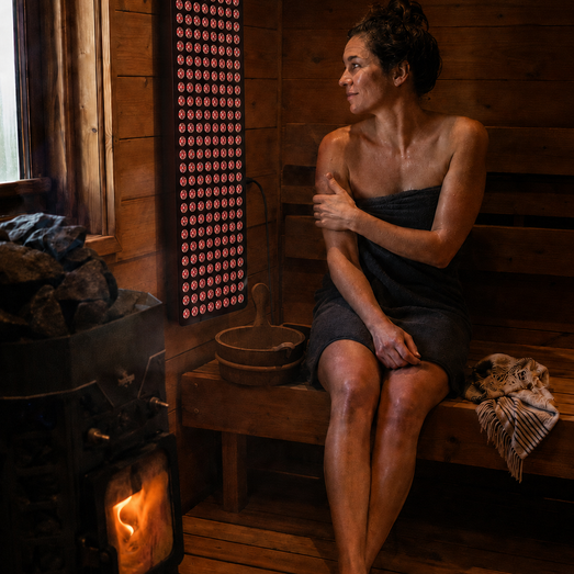 Hooga Blaze panel mounted on the wall of a wood-fired sauna beside the bench