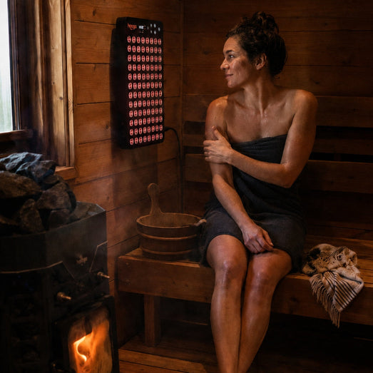 Hooga Ember panel mounted on the wall of a wood-fired sauna beside the bench