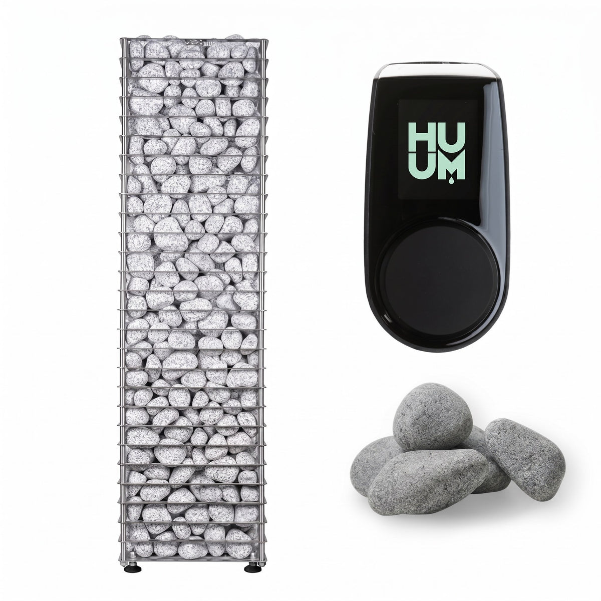 HUUM CLIFF 10.5kW sauna heater with black controller and grey sauna stones