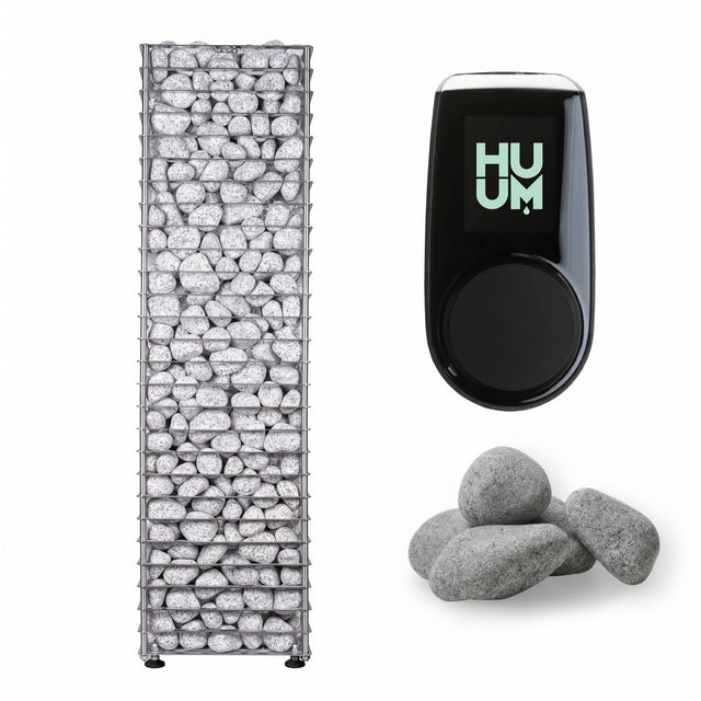 HUUM CLIFF 10.5kW sauna heater with black controller and grey sauna stones