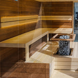 HUUM CLIFF 10.5kW heater behind glass wall in a modern designer sauna