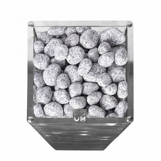 HUUM CLIFF 10.5kW heater close-up of speckled granite stones in the basket