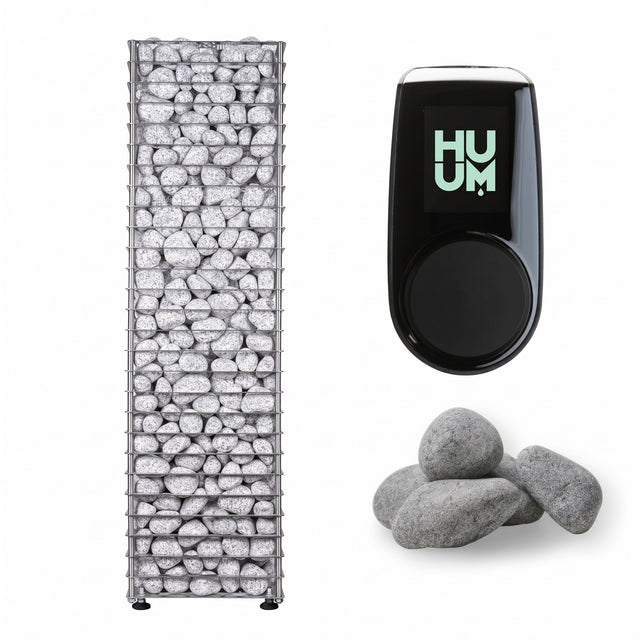 HUUM Cliff 6kW sauna heater shown with black controller and spare sauna stones