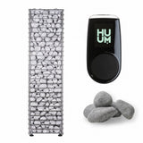HUUM CLIFF 9kW sauna heater with black controller and sauna stones on white