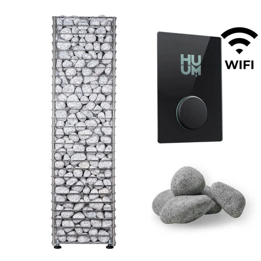 HUUM CLIFF 9kW heater package with black glass WiFi controller and stones