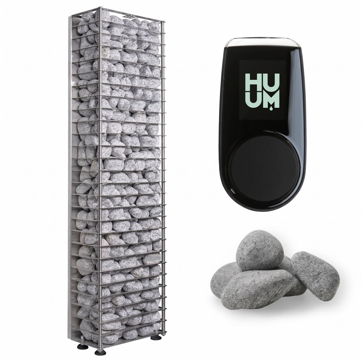 HUUM CLIFF Mini 3.5kW sauna heater with black controller and grey sauna stones