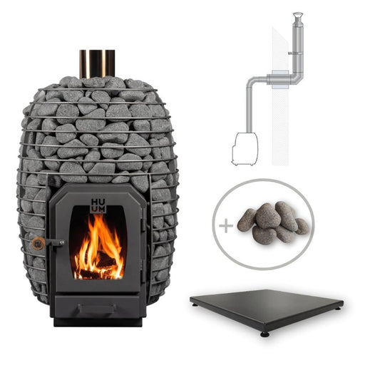 HUUM HIVE 13kW Wood Burning Sauna Stove Package w/ Chimney Out The Wall & Floor Protection and Stones - Topture