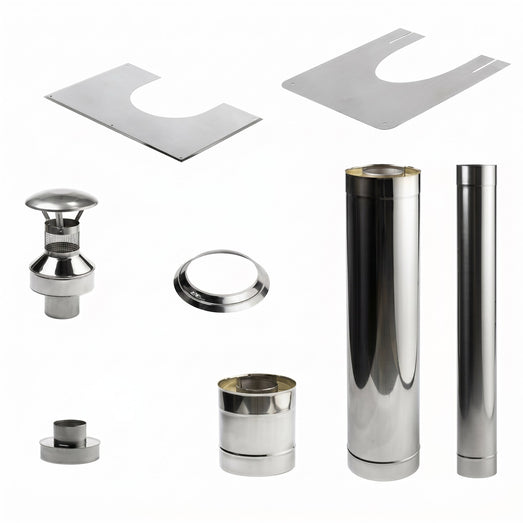 HUUM stainless steel sauna chimney kit components and flashing plates