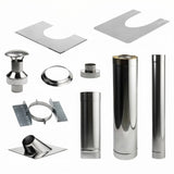 HUUM thru-ceiling chimney kit stainless components laid out together