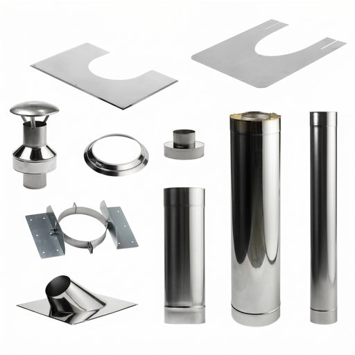 HUUM thru-ceiling chimney kit stainless components laid out together