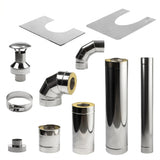 HUUM thru-wall chimney kit stainless components: cap, elbows, clamps and pipe sections