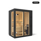 2 person Kohler C1 Graphite Grey indoor sauna, angled exterior view