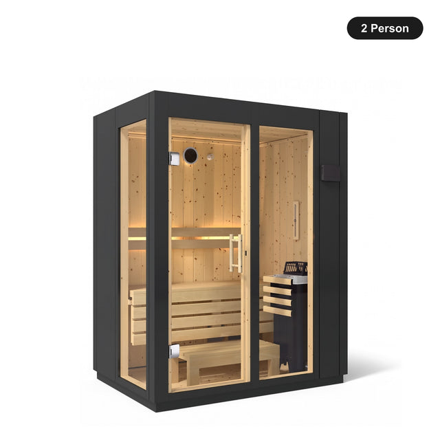 2 person Kohler C1 Graphite Grey indoor sauna, angled exterior view