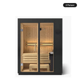 2 person Kohler C1 Graphite Grey indoor sauna, front view with the glass door closed