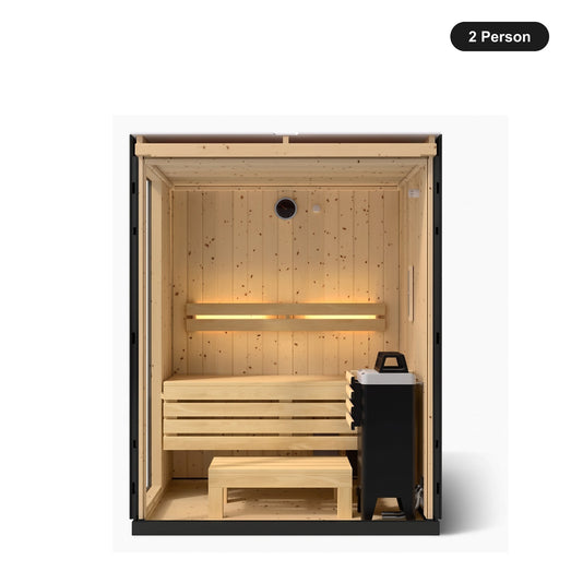 2 person Kohler C1 Graphite Grey indoor sauna, front view into the interior with tiered benches and heater