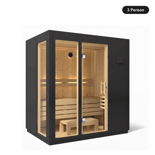 3 person Kohler C1 Graphite Grey indoor sauna, angled exterior view