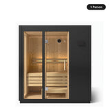 3 person Kohler C1 Graphite Grey indoor sauna, front view with the glass door closed
