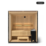 3 person Kohler C1 Graphite Grey indoor sauna, front view into the interior with tiered benches and heater