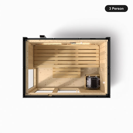 3 person Kohler C1 Graphite Grey indoor sauna, overhead view showing the bench layout and heater position