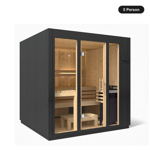5 person Kohler C1 Graphite Grey indoor sauna, angled exterior view