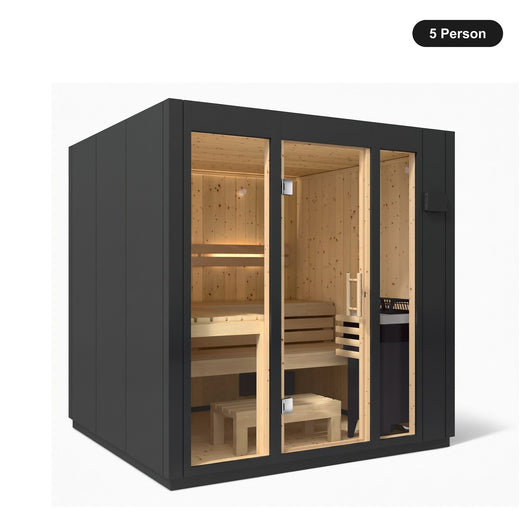 5 person Kohler C1 Graphite Grey indoor sauna, angled exterior view