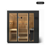 5 person Kohler C1 Graphite Grey indoor sauna, front view with the glass door closed