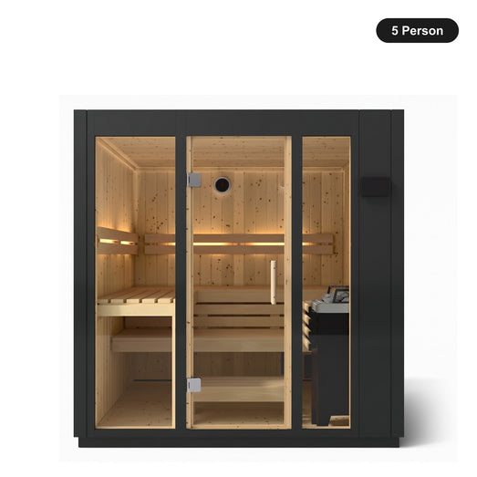 5 person Kohler C1 Graphite Grey indoor sauna, front view with the glass door closed